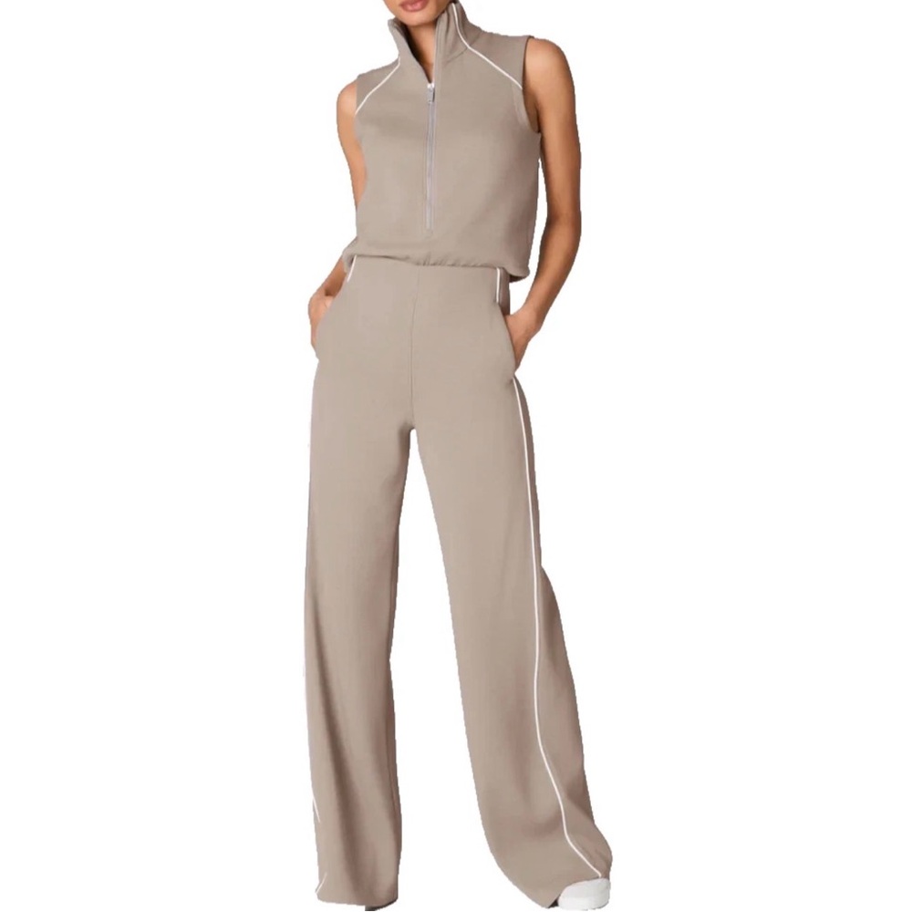 SPANX Taupe Sleeveless Zip-Front Jumpsuit with White Piping